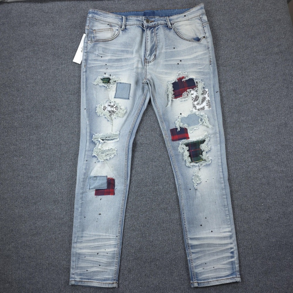 KDNK Jeans Mens 38x30 Light Wash Blue Skinny Distressed Denim Y2k Streetwear